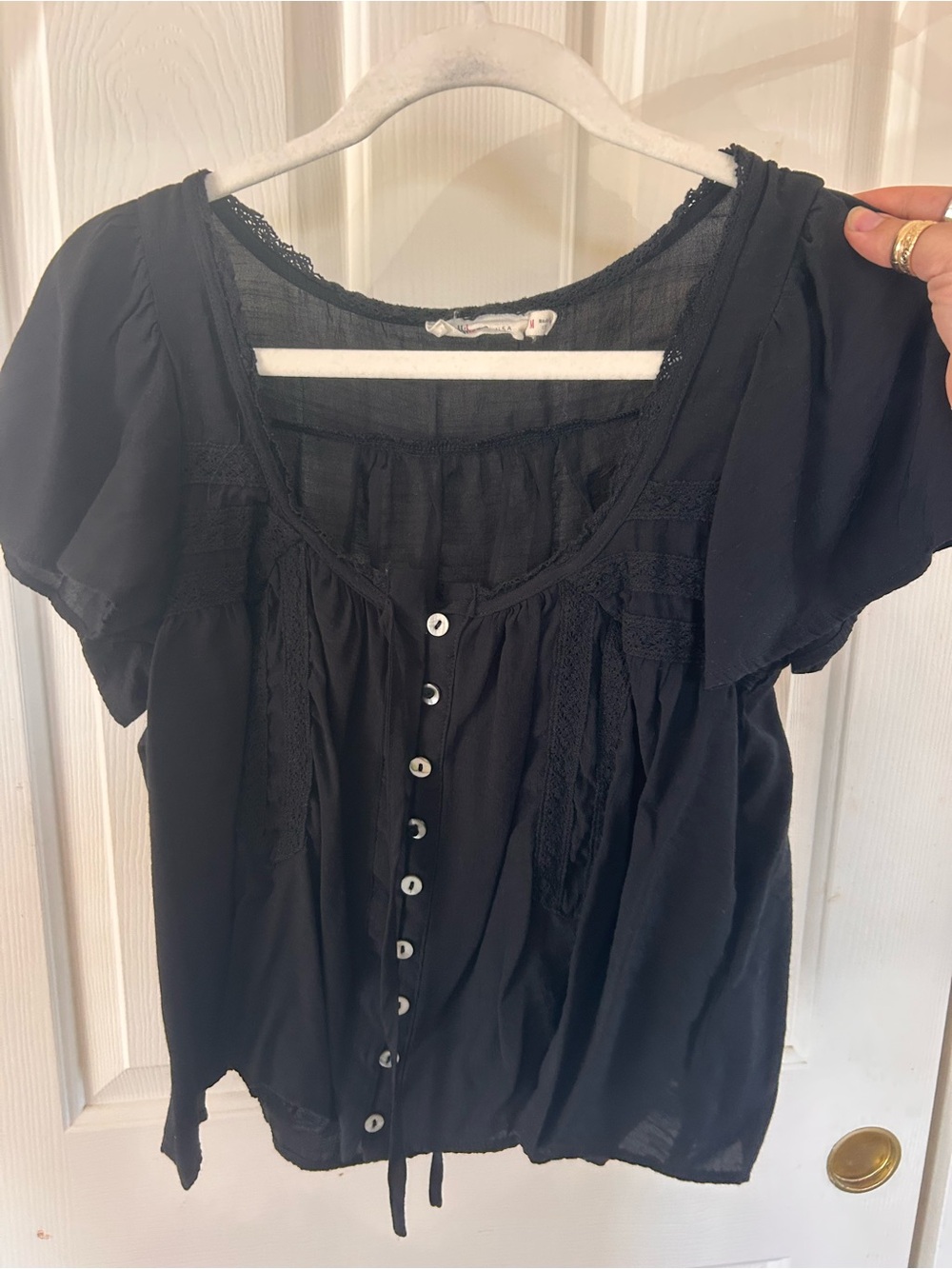 Melrose and Market Black Short-Sleeve Lace-Trim Button Front Blouse